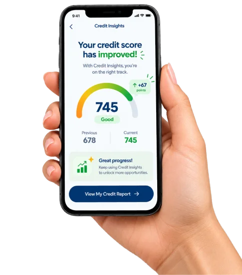 Hand holding smartphone displaying Credit Insights score