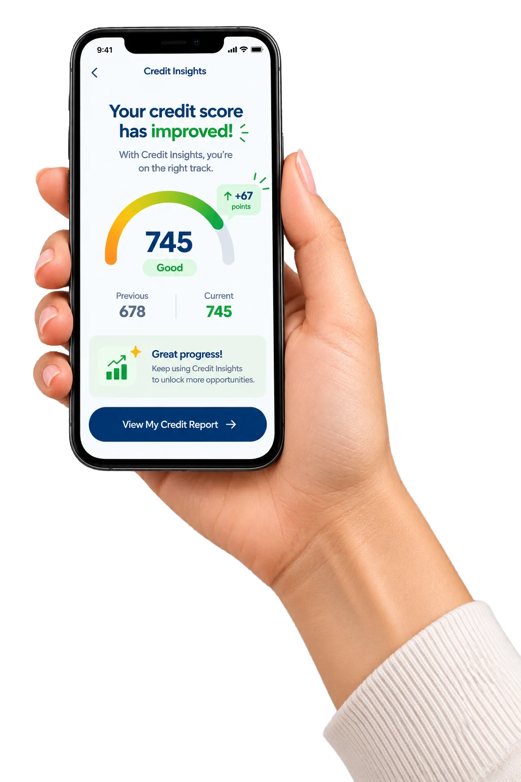 Hand holding smartphone displaying Credit Insights score